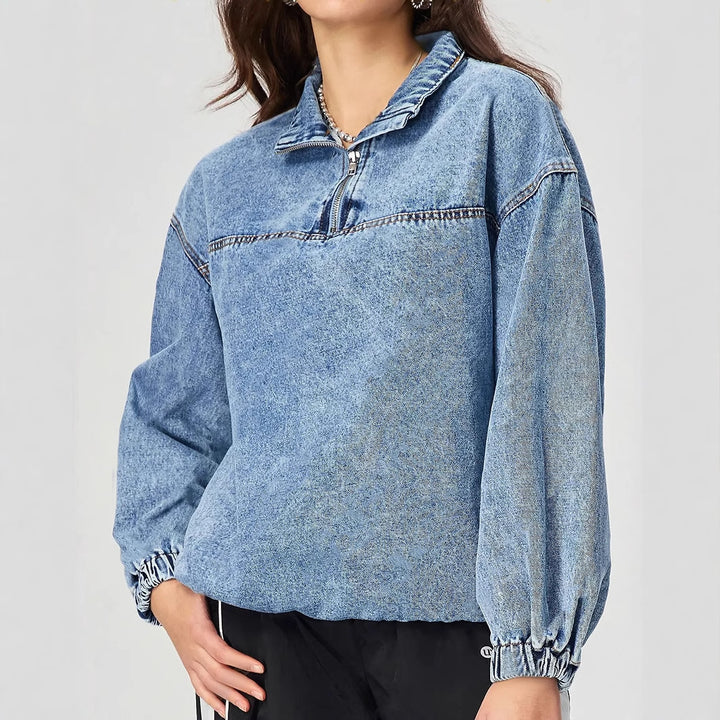 Pull en denim pour femmes, ample, avec col montant et fermeture éclair Levoire