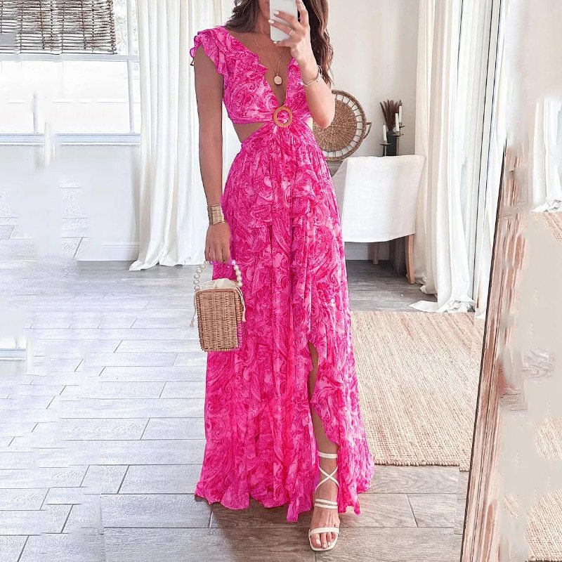 Robe maxi longue pour femmes avec design élégant à découpes et encolure à volants Levoire