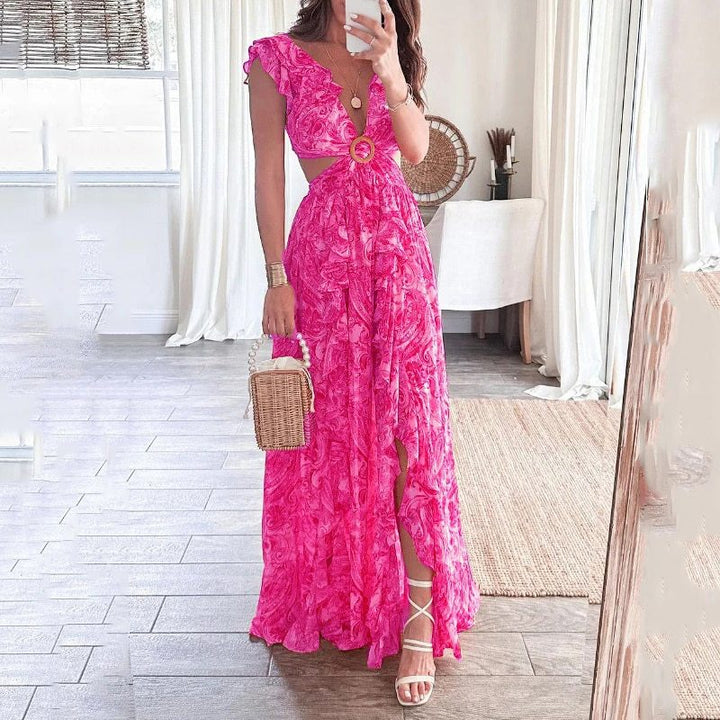 Robe maxi longue pour femmes avec design élégant à découpes et encolure à volants Levoire