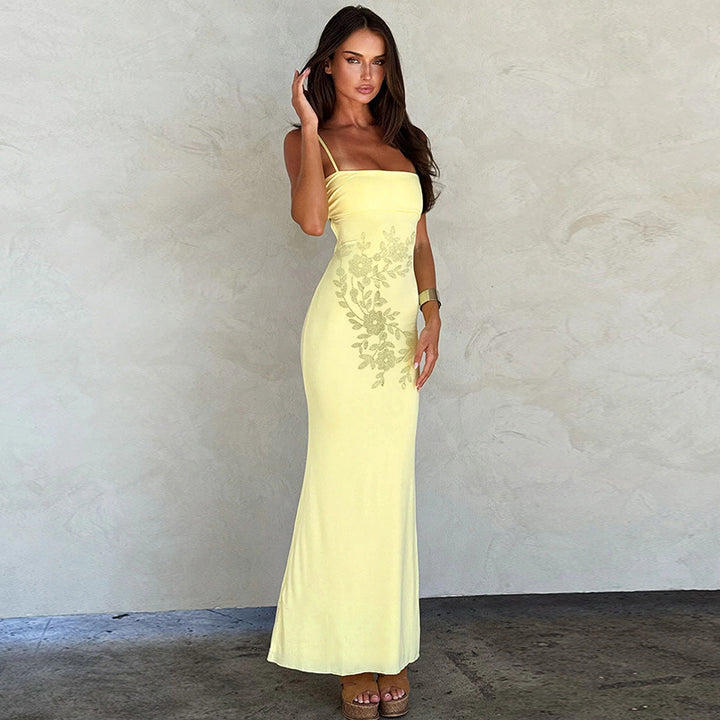 Robe Maxi Élégante pour Femmes avec Fins Bordures Florales et Bretelles Spaghetti Levoire