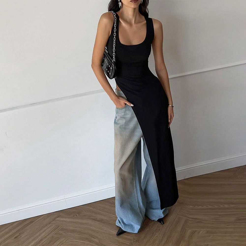Robe maxi asymétrique pour femmes avec encolure ronde profonde et coupe fluide Levoire