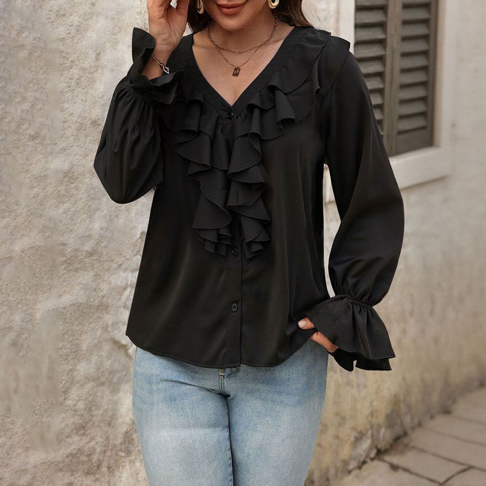 Blouse pour femmes avec des détails de volants élégants et un chic col en V Levoire