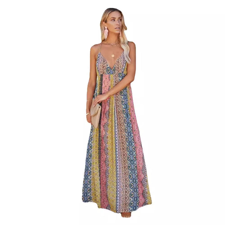 Robe maxi pour femmes avec un motif unique multicolore et des bretelles spaghetti réglables Levoire