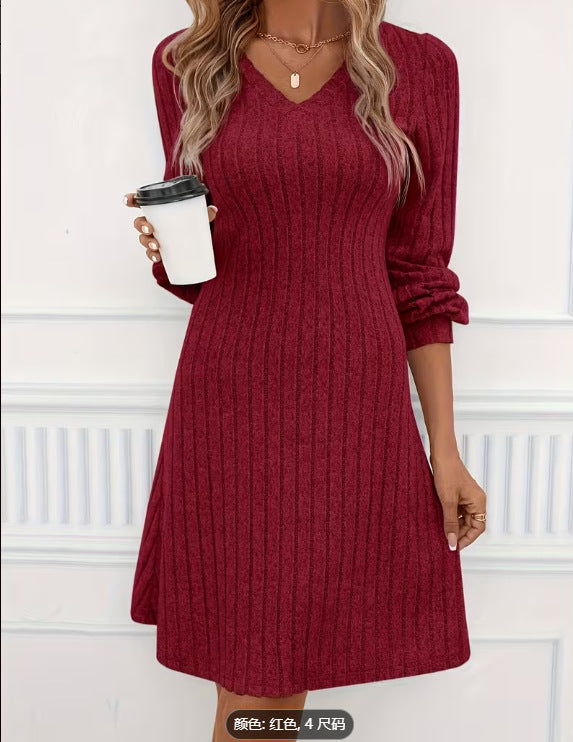 Robe en tricot pour femmes avec décolleté en V et manches bouffantes décontractées Levoire