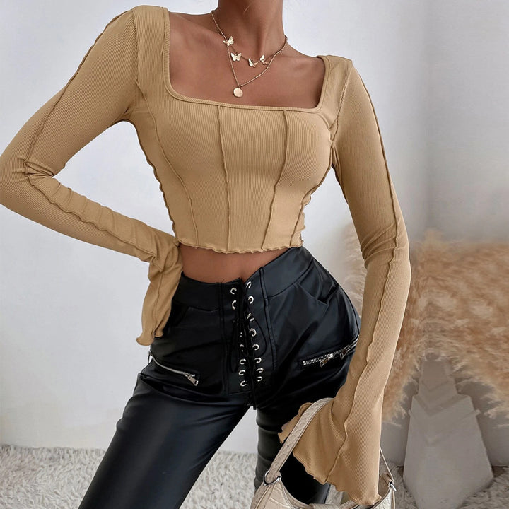 Top court de couture pour femmes avec encolure carrée et manches longues Levoire