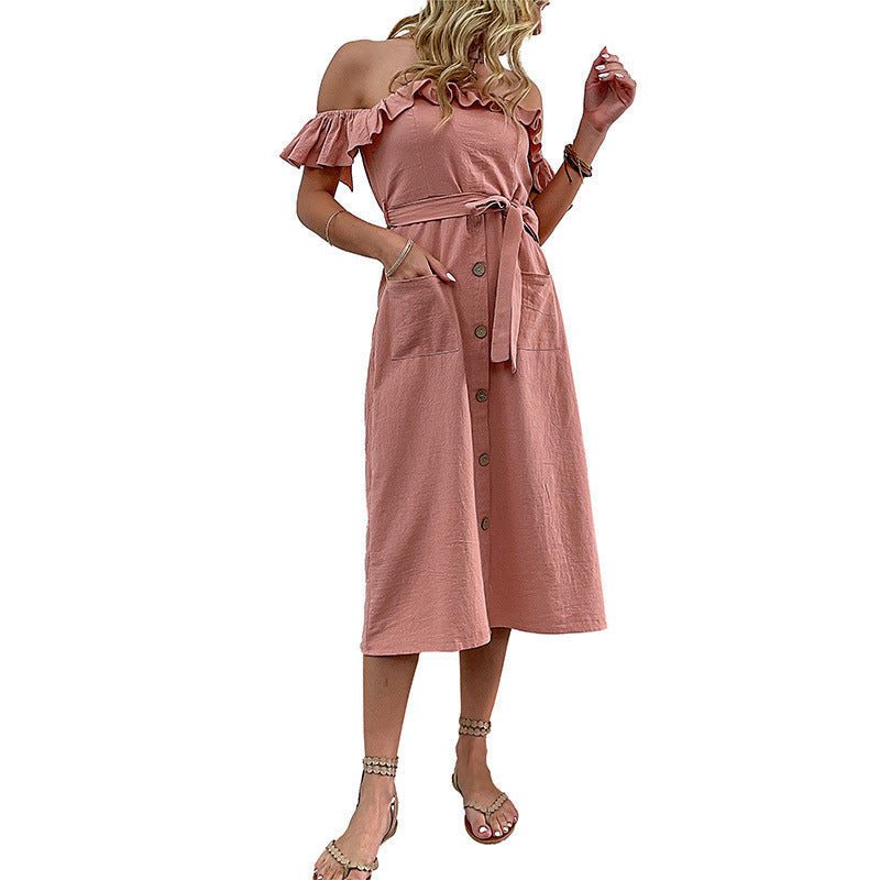 Robe midi à épaules dénudées pour femmes avec détails en volants et ceinture à nouer Levoire