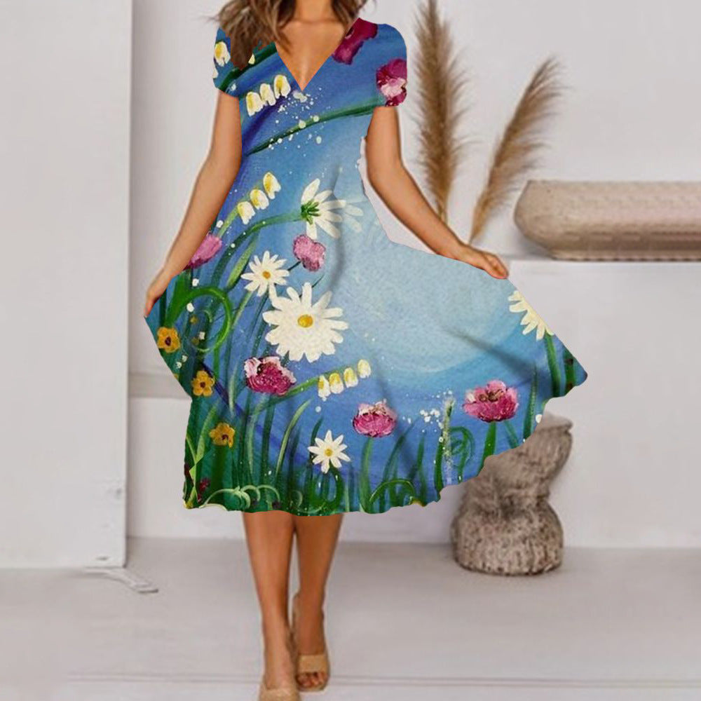 Levoire | Chic Imprimé Élégant Robe à Col en V à Manches Courtes Bleu