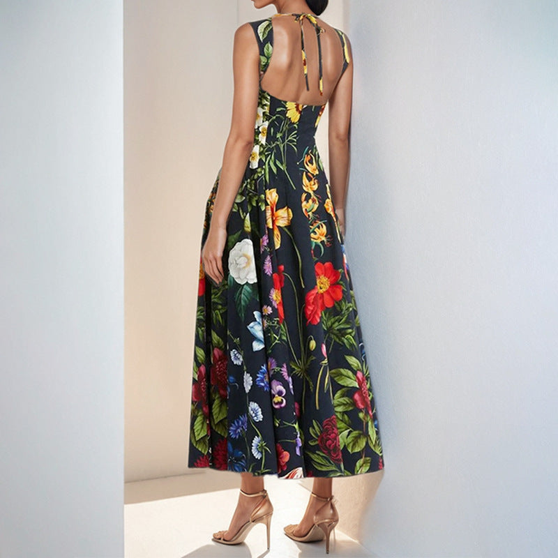 Robe maxi embellie floral pour femmes avec encolure carrée et jupe fluide Levoire
