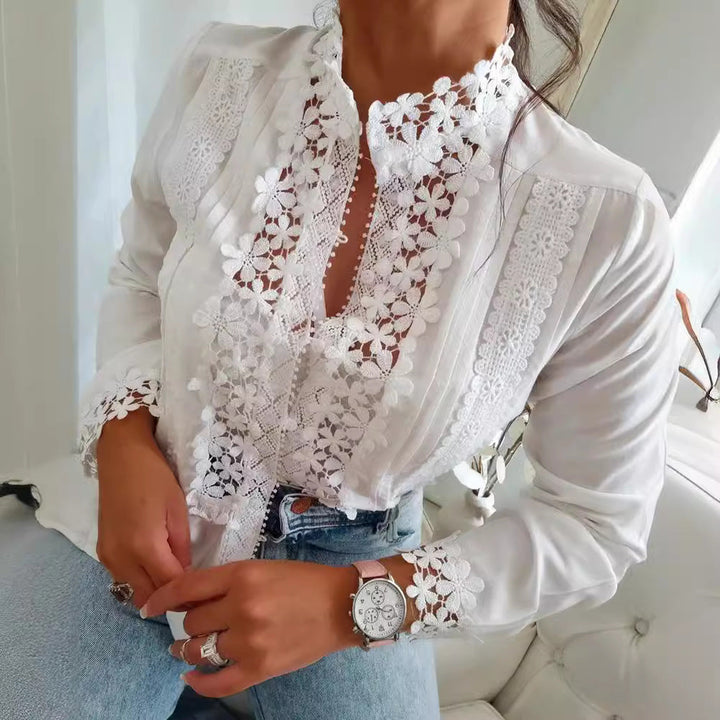 Levoire | Élégante Blouse Brodée Avec Dentelle Florale Blanc