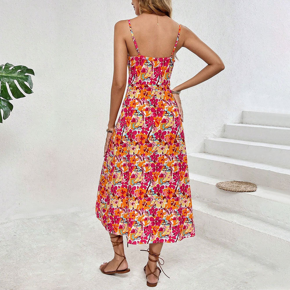 Robe midi florale pour femmes avec fente latérale et bretelles spaghetti Levoire