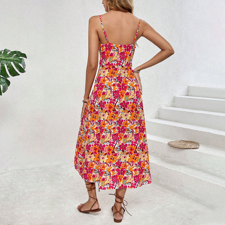 Robe midi florale pour femmes avec fente latérale et bretelles spaghetti Levoire
