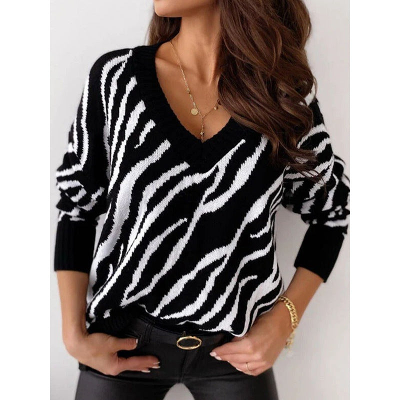 Pull pour femmes en tricot avec décolleté en V profond et motif zèbre Levoire