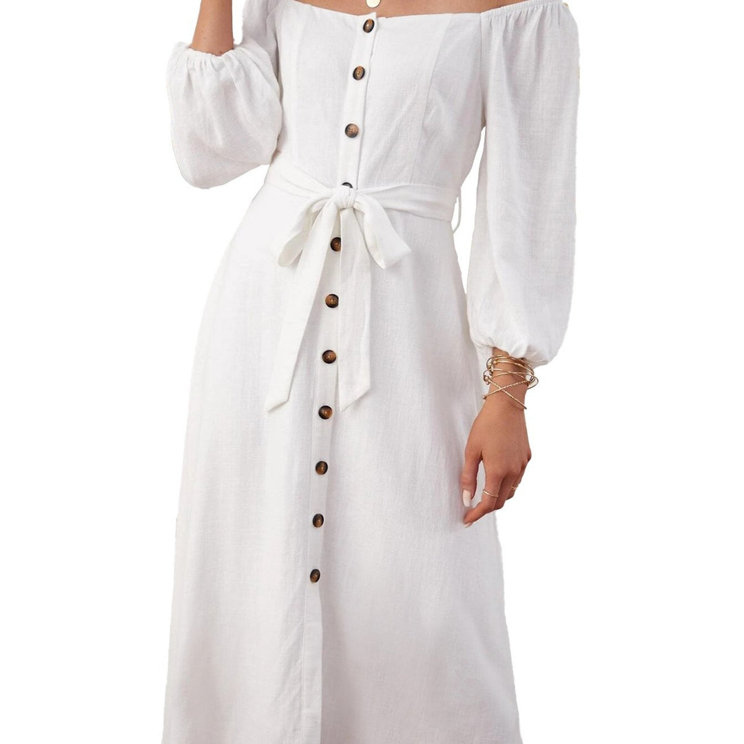 Robe maxi femme à épaules dénudées et boutons décoratifs Levoire