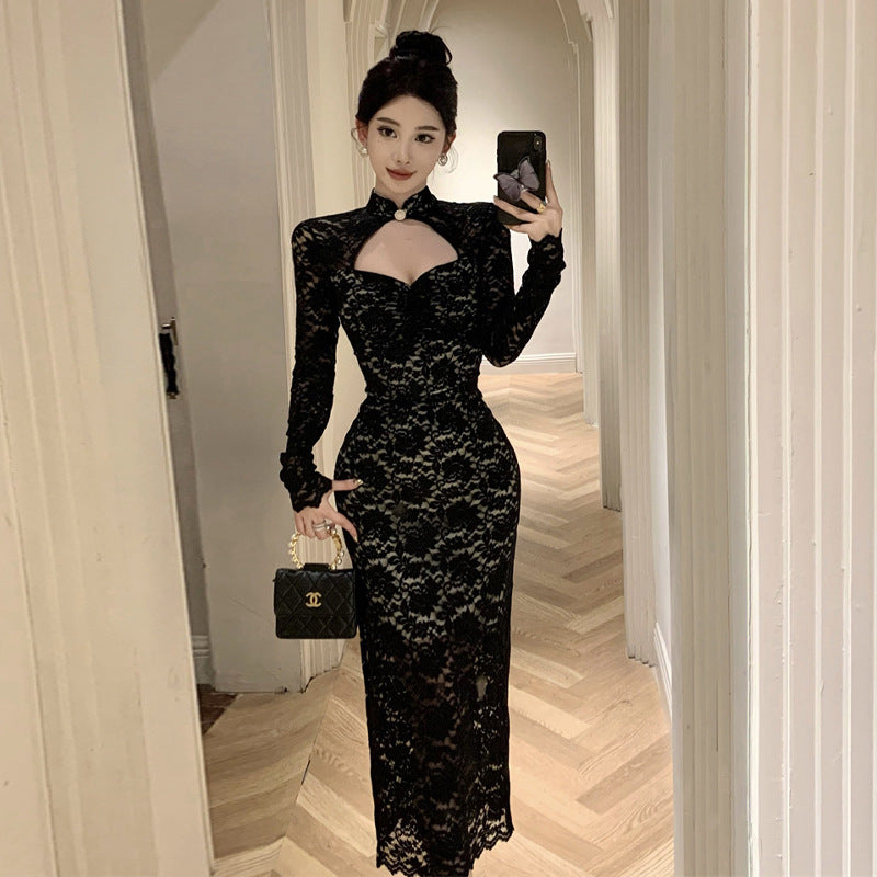 Levoire | Robe slim à dentelle et cordes attrayantes noir