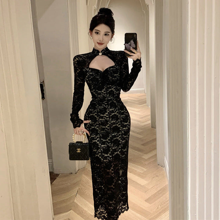 Levoire | Robe slim à dentelle et cordes attrayantes noir
