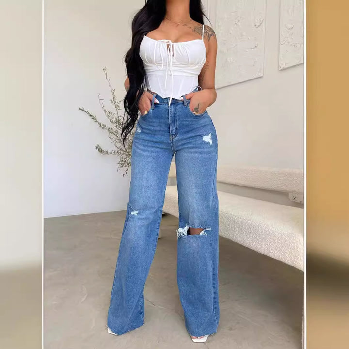 Femmes Jeans Vintage Ample en Style Détérioré avec Taille Haute Levoire