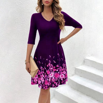 Levoire | Slim Fit Floral Print V-neck Dress Violet