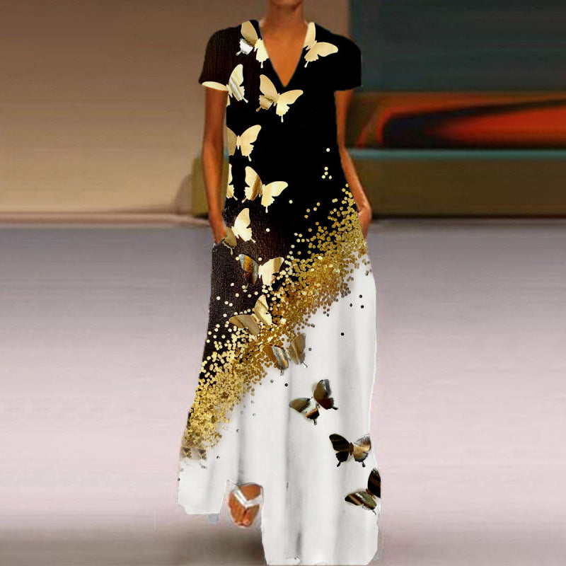 Levoire | Robe à encolure en V à manches courtes avec imprimé papillon élégant Or