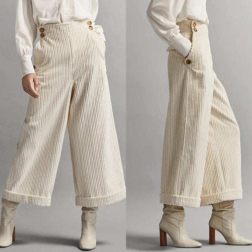 Pantalon large en velours côtelé pour femmes avec boutons décoratifs Levoire