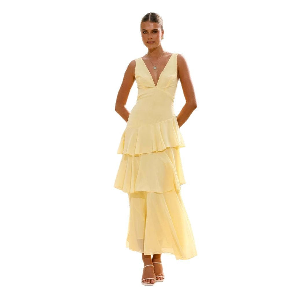 Robe maxi femme avec volants asymétriques et élégant décolleté en V Levoire