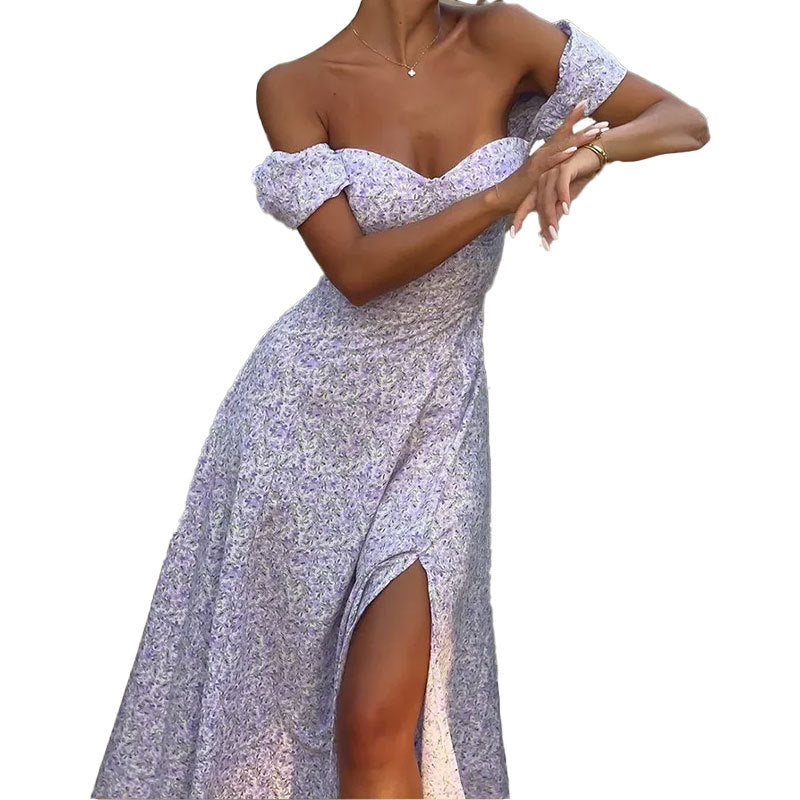 Robe maxi femme à épaules dénudées avec imprimé floral romantique et fente sur le côté Levoire