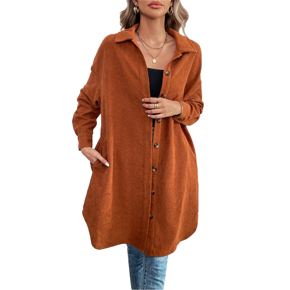 Chemise veste à manches longues pour femmes en tissu cord soft avec patte de boutonnage Levoire