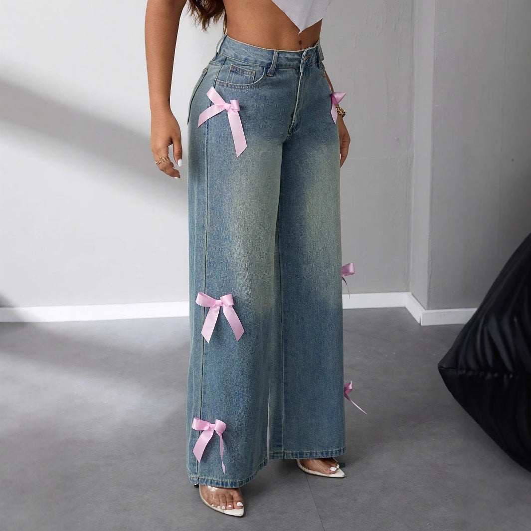 Jeans larges femmes taille haute avec appliqués en forme de nœud décoratifs Levoire