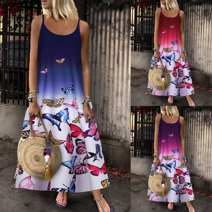 Robe maxi femme avec impression papillon élégante et larges bretelles Levoire