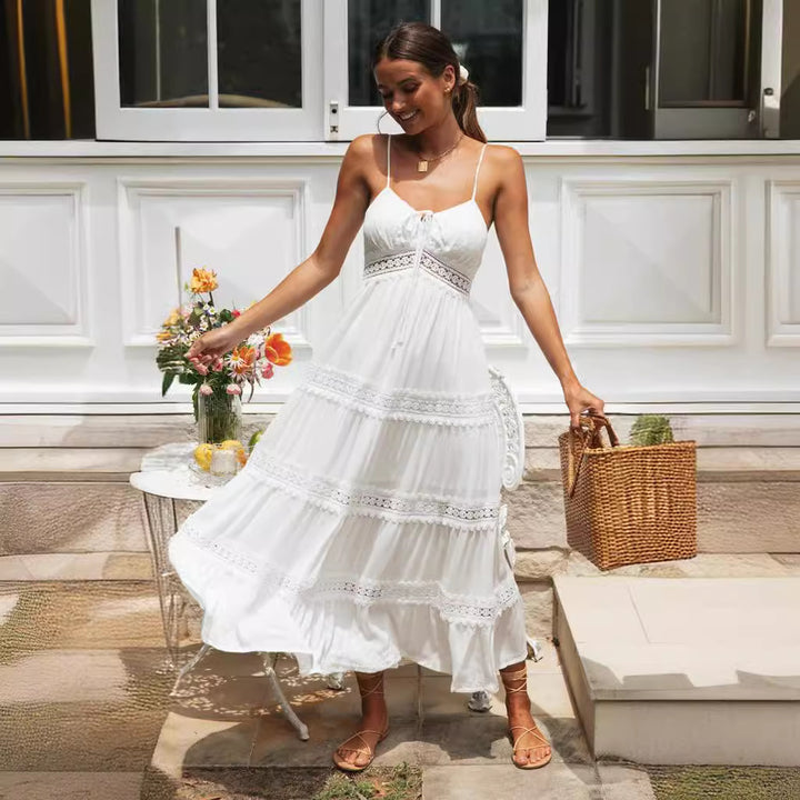 Robe maxi femme avec un nœud ludique et de délicates volants Levoire