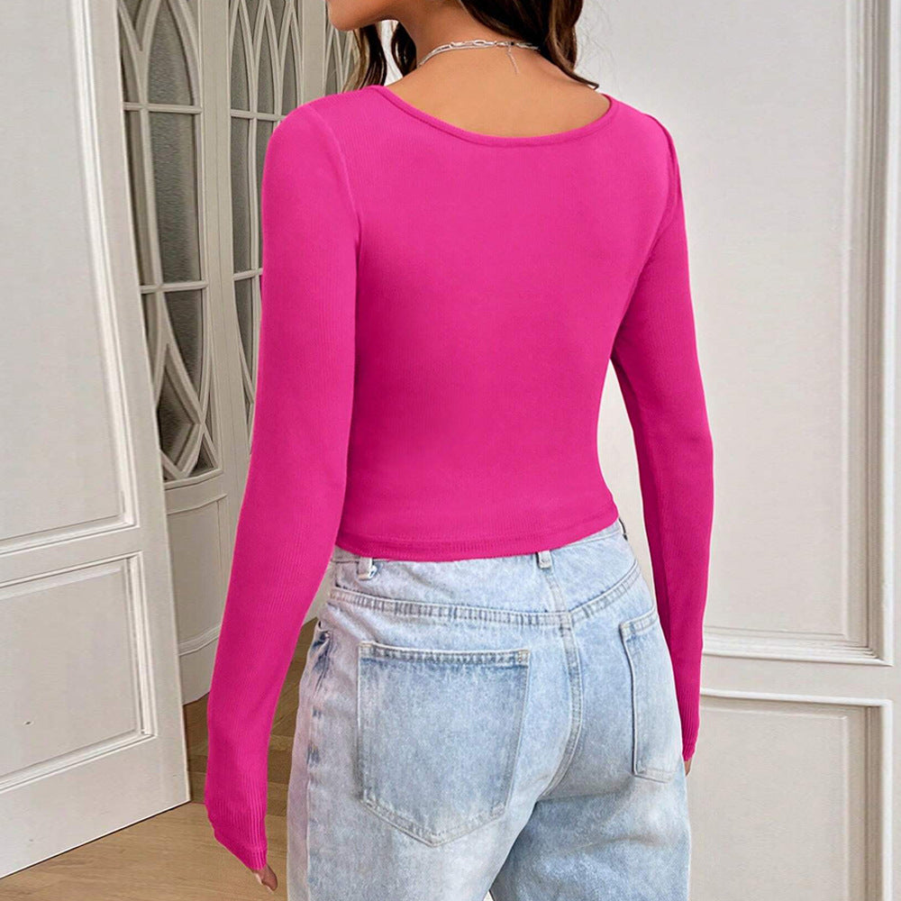 Chemise à manches longues cropped pour femmes avec décolleté carré et texture côtelée raffinée Levoire