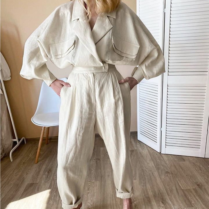 Combinaison en lin à la mode pour femme avec des manches volumineuses et une élégante ceinture à nouer Levoire