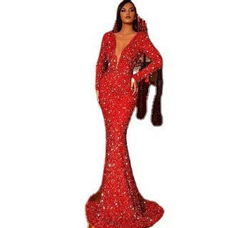 Levoire | Brillant Longue Manche-V décolleté Robe Longue