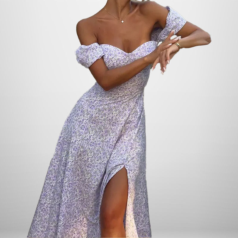 Robe maxi femme à épaules dénudées avec imprimé floral romantique et fente sur le côté Levoire