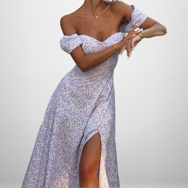 Robe maxi femme à épaules dénudées avec imprimé floral romantique et fente sur le côté Levoire