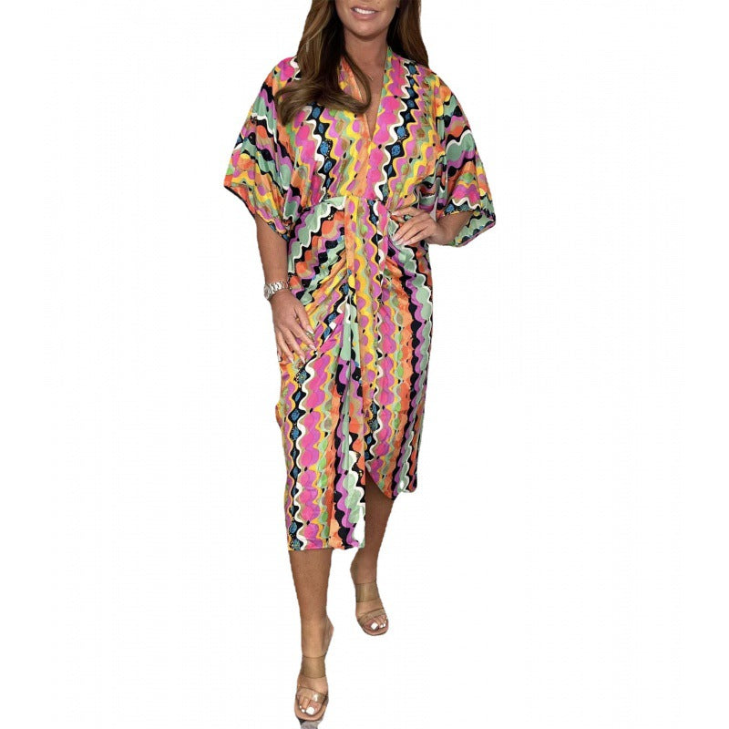Levoire | Robe chemise élégante à imprimé décolleté en V taille haute