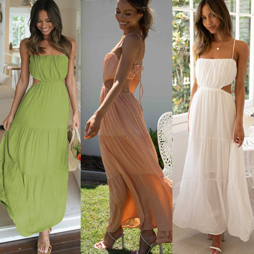 Robe maxi aérienne pour femmes avec de fines volants et un décolleté profond au dos Levoire