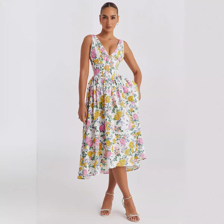 Robe midi pour femme avec motif floral et élégant col en V Levoire