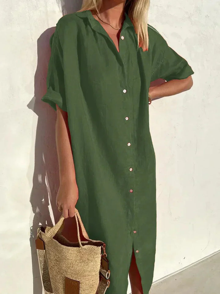Levoire | Robe à boutons à manches amples, élégante et décontractée, pour femmes robes en coton et en lin Vert olive
