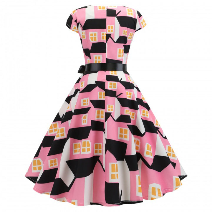 Robe swing femme avec imprimé maison et une ceinture étroite à la taille Levoire