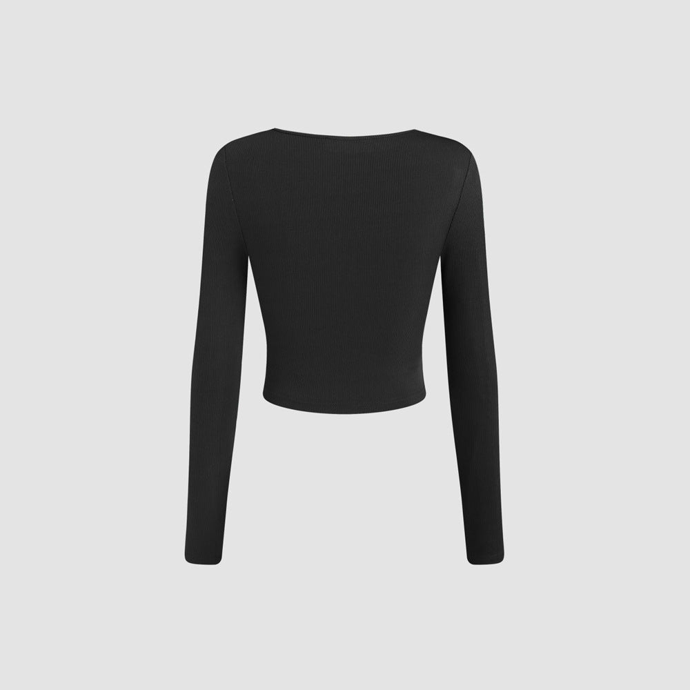 Chemise pour femmes à manches longues courte avec un design drapé sophistiqué et un col rond de mode Levoire