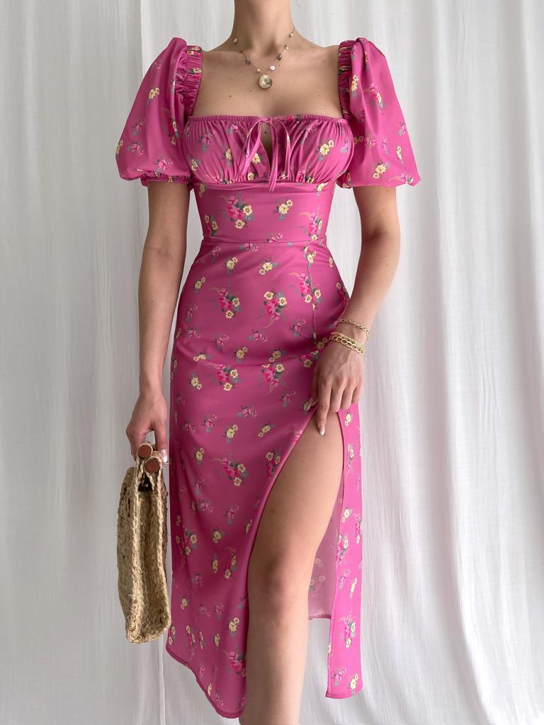 Robe maxi à motif floral pour femmes avec manches bouffantes et fente haute Levoire