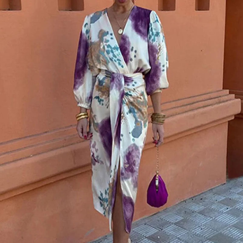 Robe élégante évasée pour femmes avec motif floral et manches larges Levoire