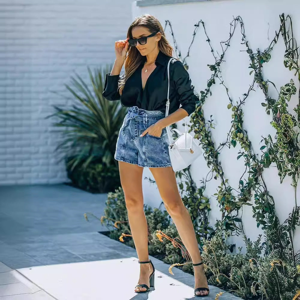 Shorts en denim taille haute pour femmes avec ceinture amovible Levoire
