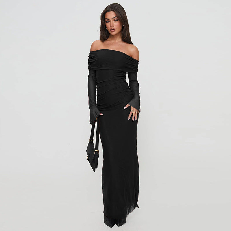 Robe maxi élégante femmes à épaules dénudées avec design de volants sophistiqué Levoire