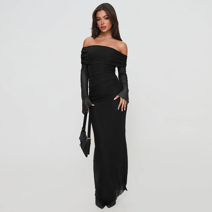 Robe maxi élégante femmes à épaules dénudées avec design de volants sophistiqué Levoire