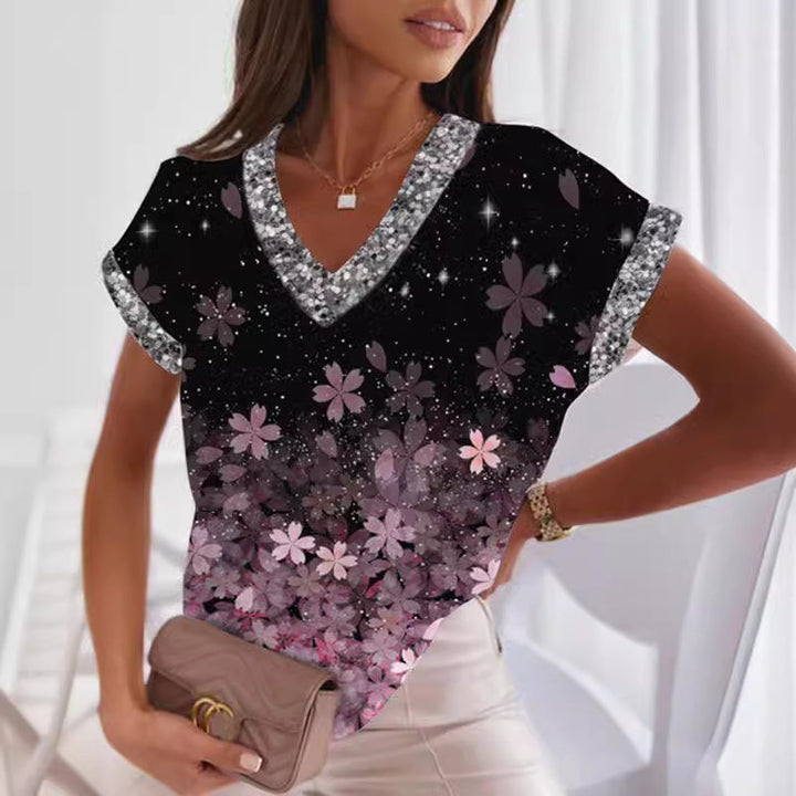 Levoire | T-shirt imprimé tendance à col en V et manches chauve-souris