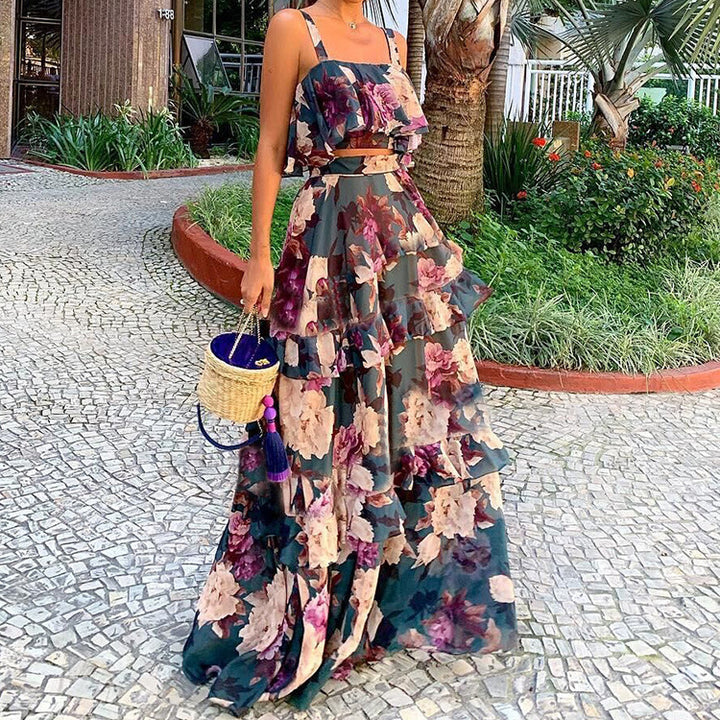 Robe Maxi Femme avec Motif Floral et Volants Levoire