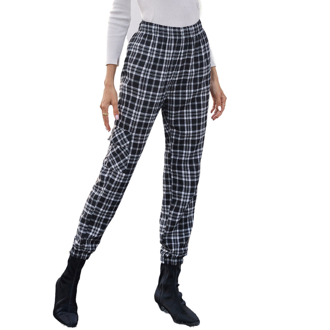 Pantalons à carreaux décontractés pour femmes avec taille élastique et poches latérales pratiques Levoire