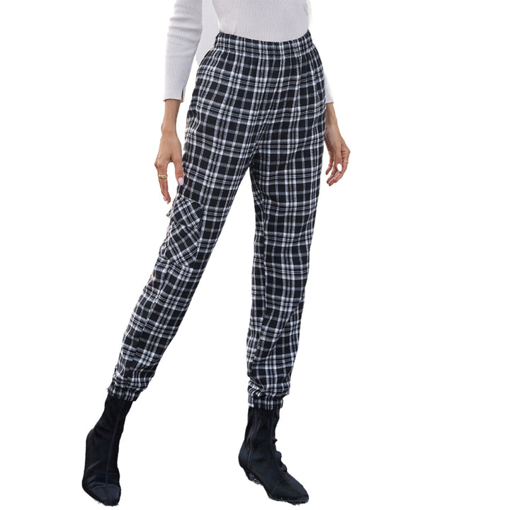 Pantalons à carreaux décontractés pour femmes avec taille élastique et poches latérales pratiques Levoire