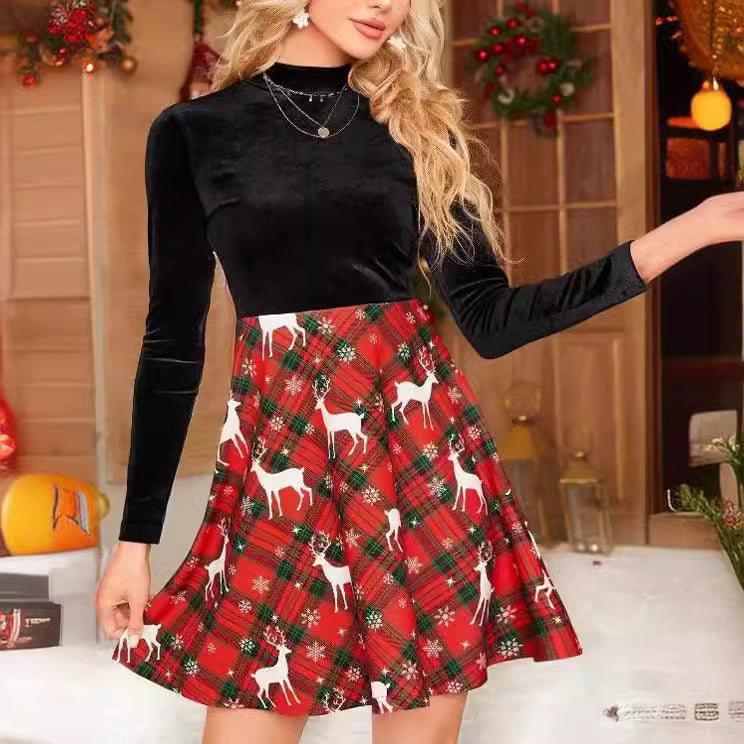 Robe femme à col haut à motif à carreaux avec jupe fluide Levoire